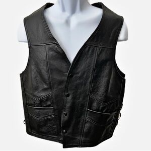 Genuine Leather, Snap Button Leather Vest with Lacing Detail at Sides